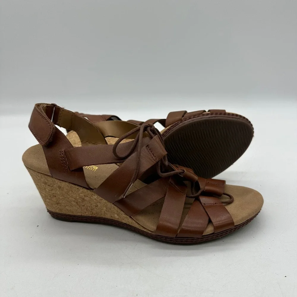 Clarks 261247694065 Womens Size 9 Helio Mindin Brown Leather Cork Wedge Sandals